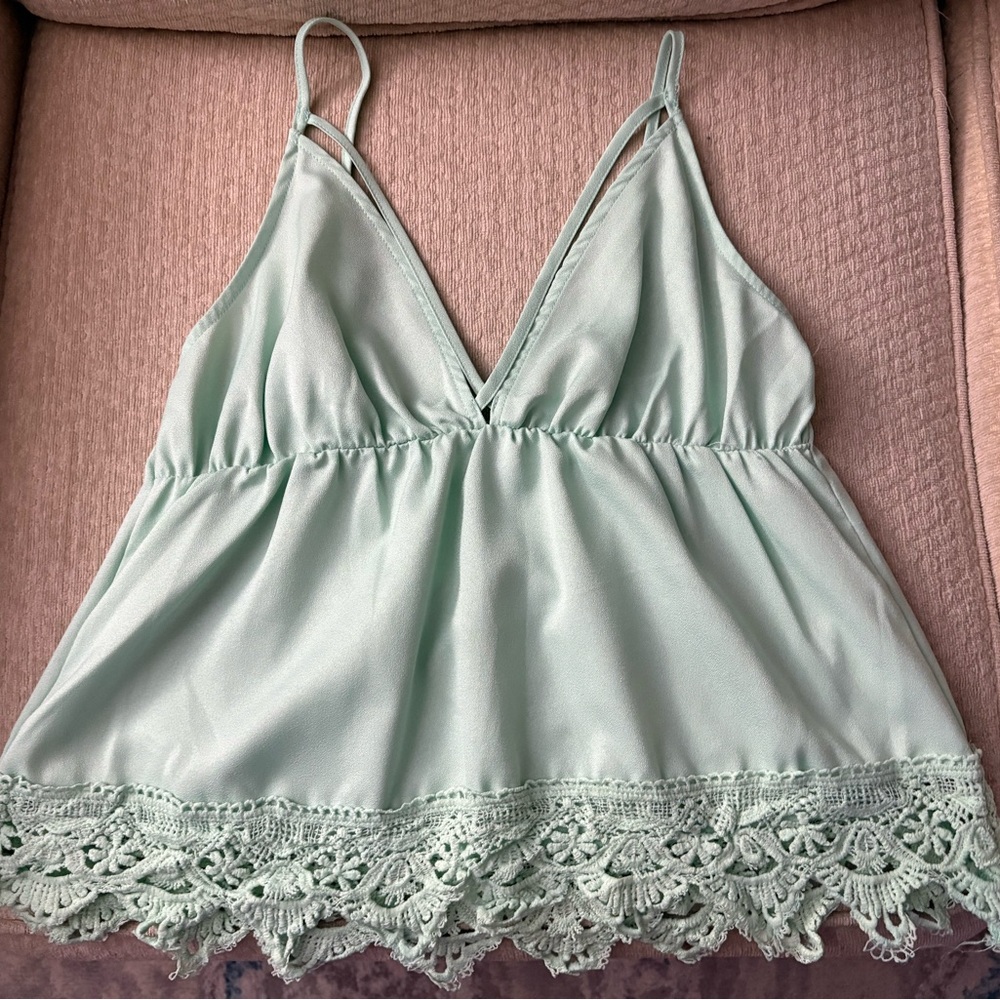 SHEIN Mint Green Lace Trim Tank Top